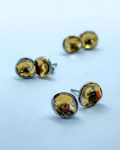 Small Circle Concave Stud Earrings in Oxidised Sterling Silver with 24ct Gold Leaf